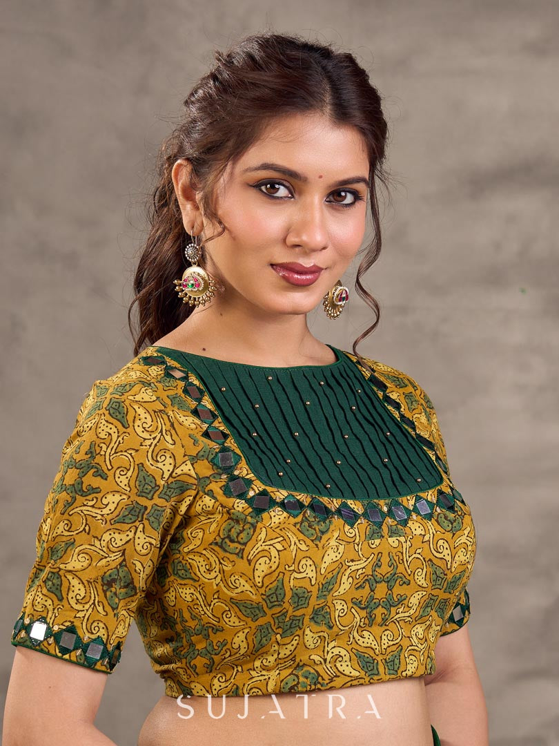 Mustard Ajrakh Print Cotton Blouse with Pintucks Detailing & Mirror Work