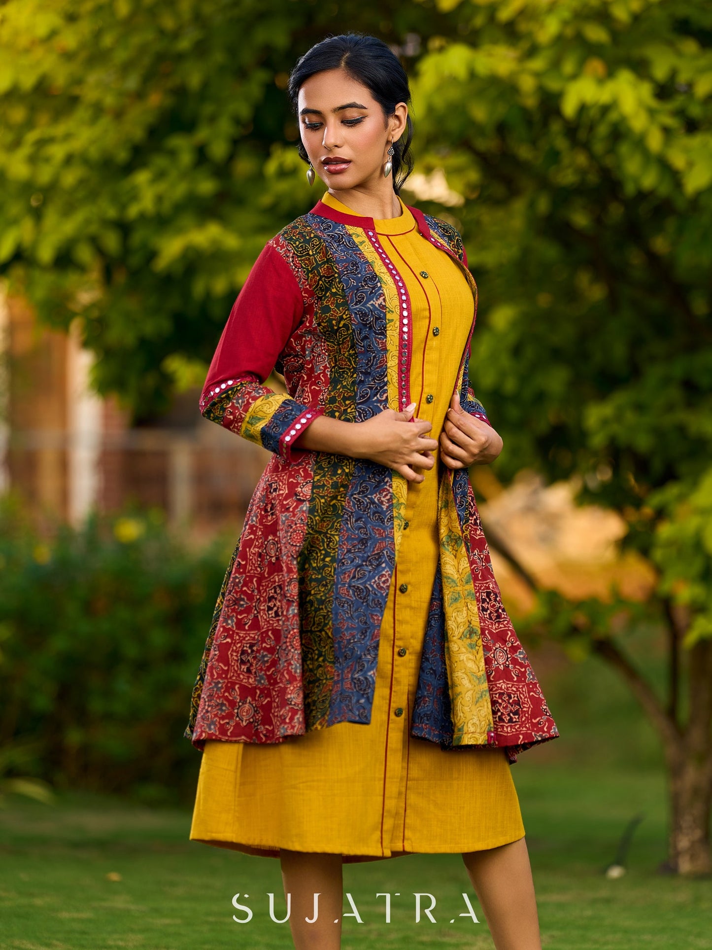 Vibrant Ajrakh Panel Jacket Embellished With Mirror Lace Highlights