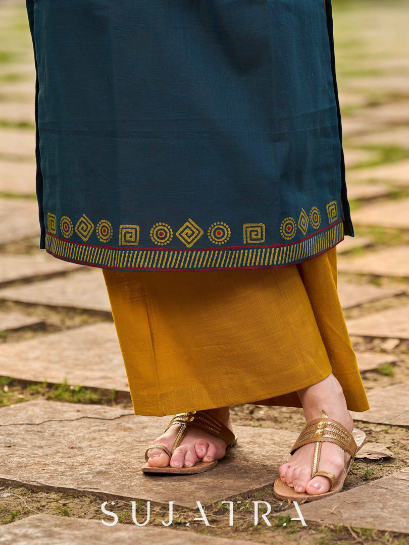 Classy Teal Cotton Hand Block Printed Kurta With Geometric Motifs On Neckline And Hem