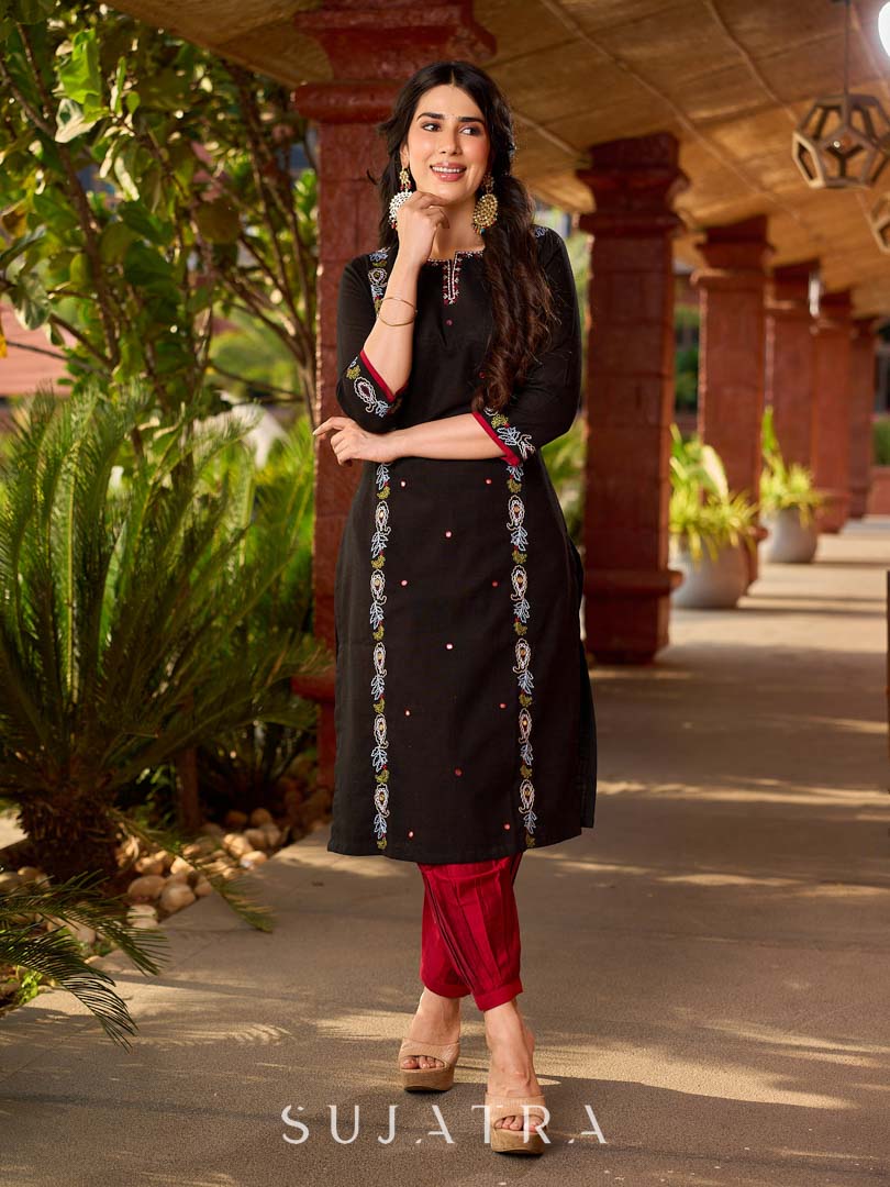 Classic Black Cotton Kurta with Intricate Paisley Embroidery