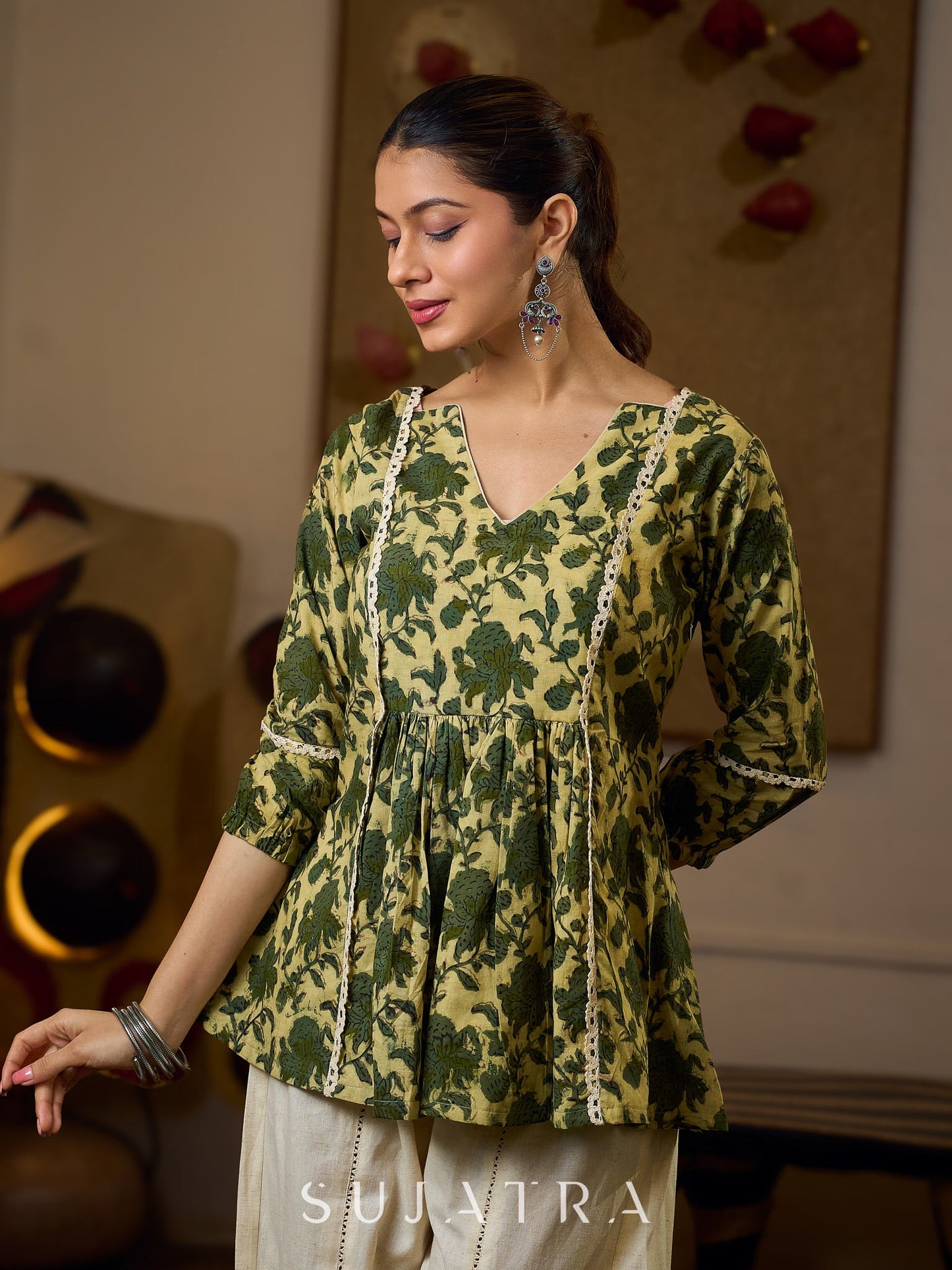 Elegant Cream And Olive Printed Gathered Top Adorned With Elegant Crochet Lace Highlights