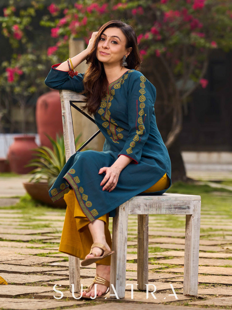 Classy Teal Cotton Hand Block Printed Kurta With Geometric Motifs On Neckline And Hem