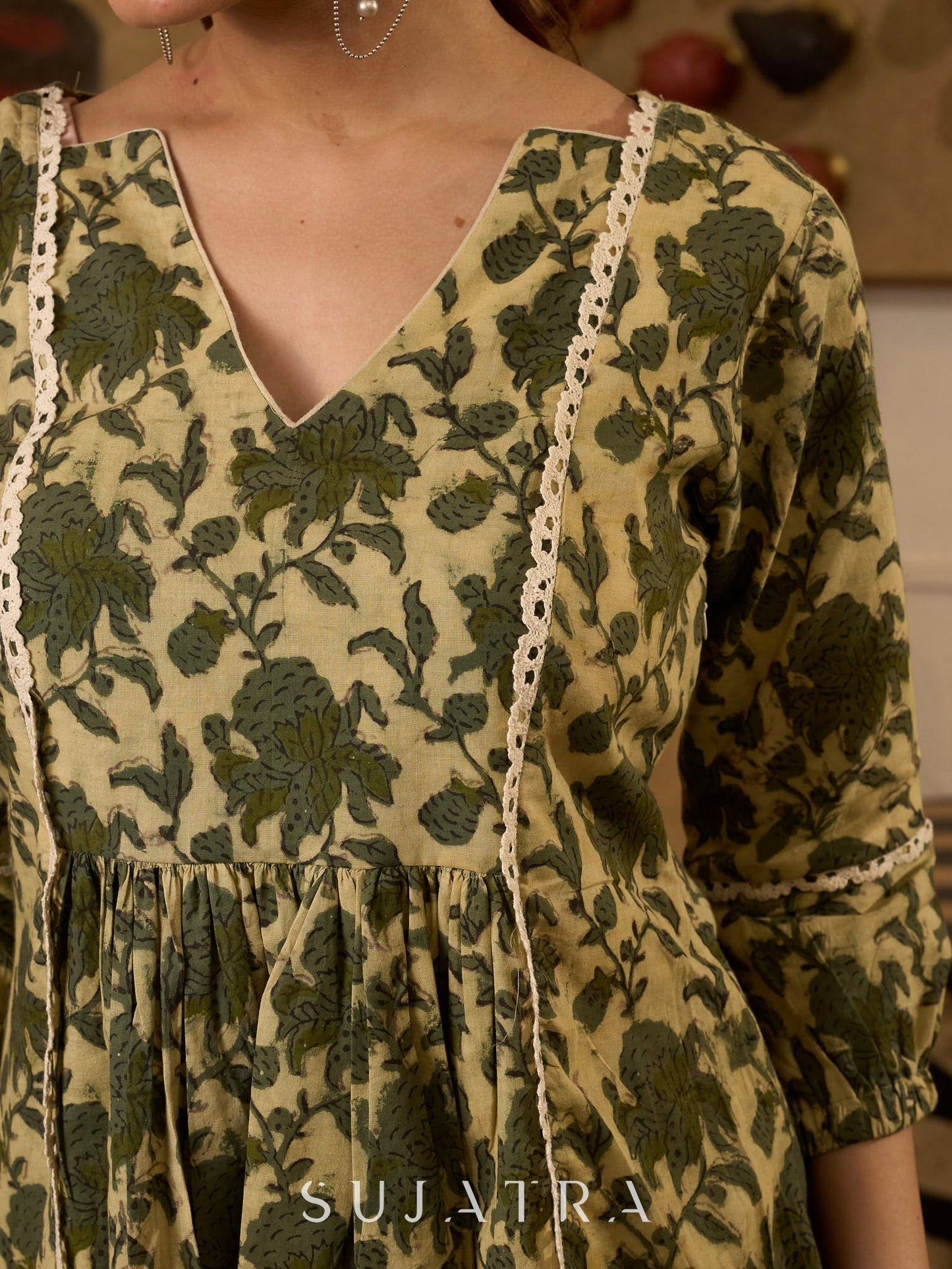 Elegant Cream And Olive Printed Gathered Top Adorned With Elegant Crochet Lace Highlights