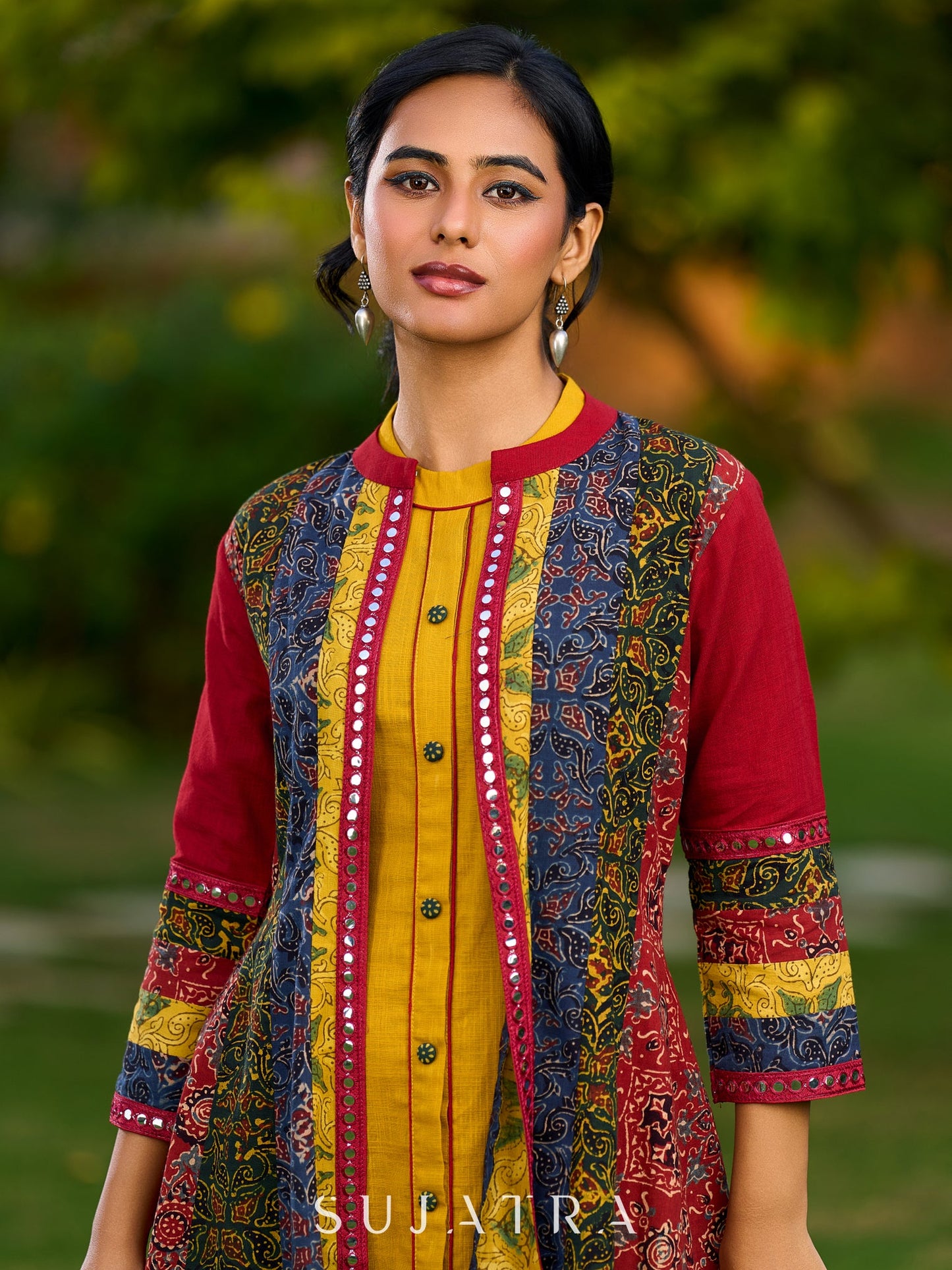 Vibrant Ajrakh Panel Jacket Embellished With Mirror Lace Highlights
