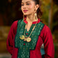 Elegant maroon cotton-silk kurta featuring a green Ikat patch and stand collar.