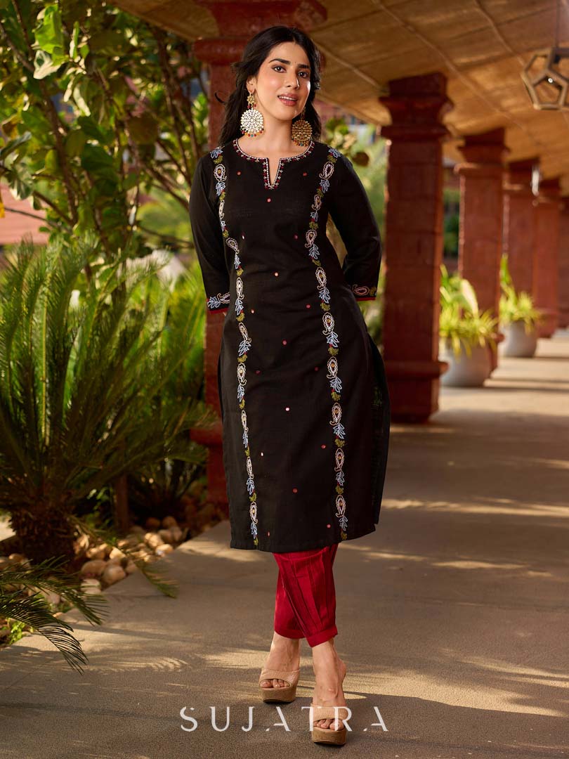 Classic Black Cotton Kurta with Intricate Paisley Embroidery