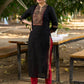 Solid Black Cotton Kurta with Ajrakh Yoke and Sleeves