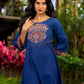 Ajrakh Appliqué Cotton Dress In Navy With Bell Sleeves And Mirror Embellishment