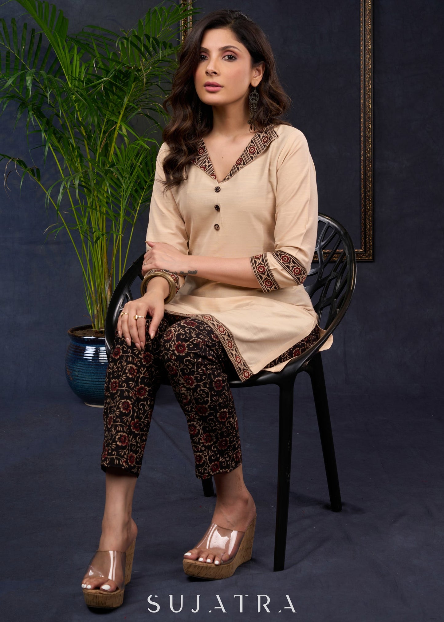 Elegant Beige Cotton Silk Ajrakh Combination Tunic - Pant Optional