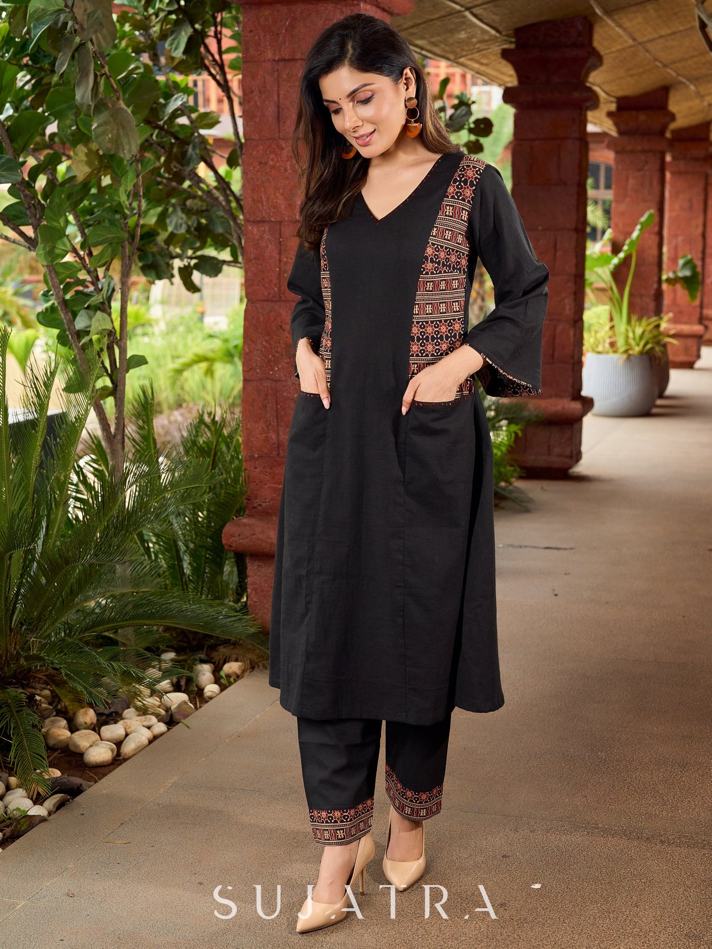 Stylish cotton printed kurta with contrast detailing and smart pocket-pant optional