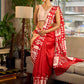 Elegant Red Pure Silk Saree with White Warli Art Print & Folk Motif Pallu