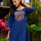 Ajrakh Appliqué Cotton Dress In Navy With Bell Sleeves And Mirror Embellishment
