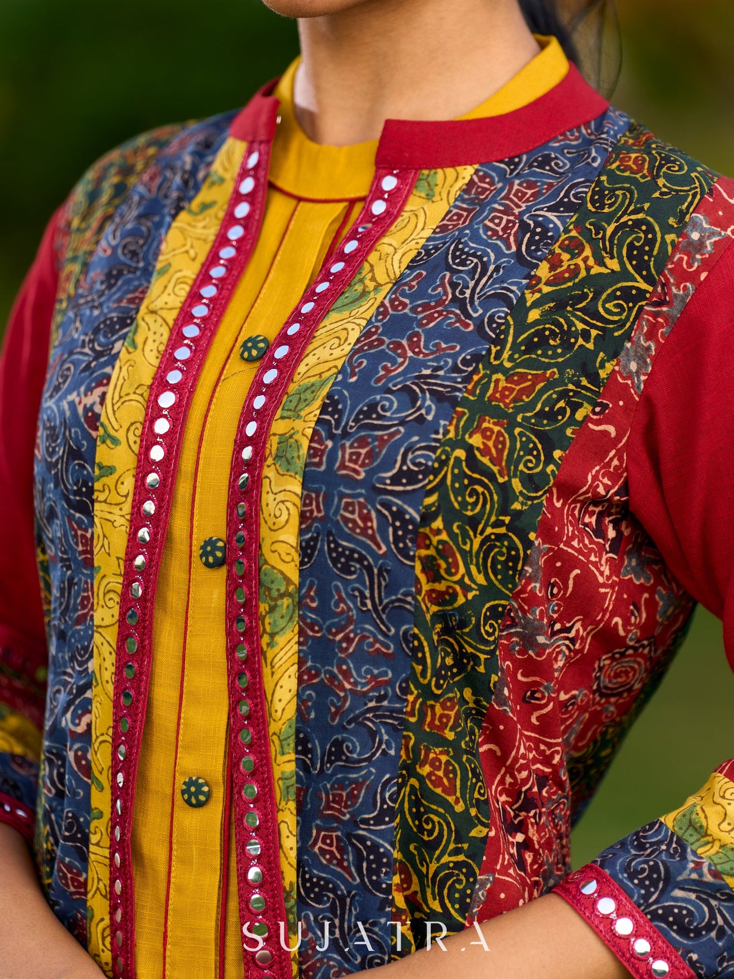 Exquisite Mustard Cotton Halter Dress Highlighted with Maroon Piping and Handcrafted Ajrakh Buttons - Jacket Optional