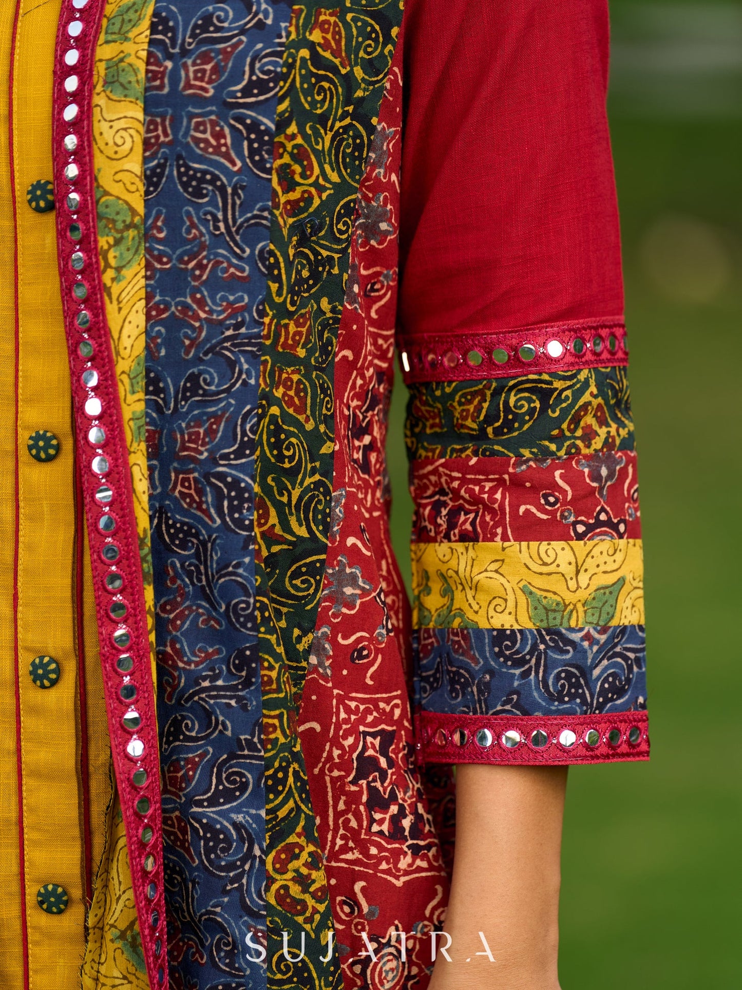 Vibrant Ajrakh Panel Jacket Embellished With Mirror Lace Highlights