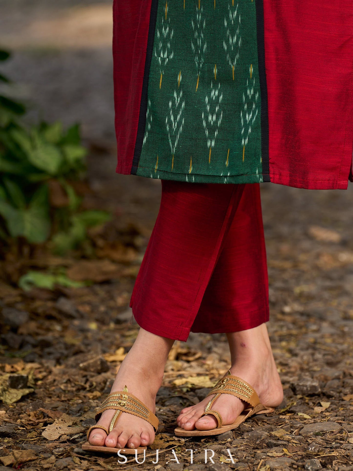Elegant maroon cotton-silk kurta featuring a green Ikat patch and stand collar.