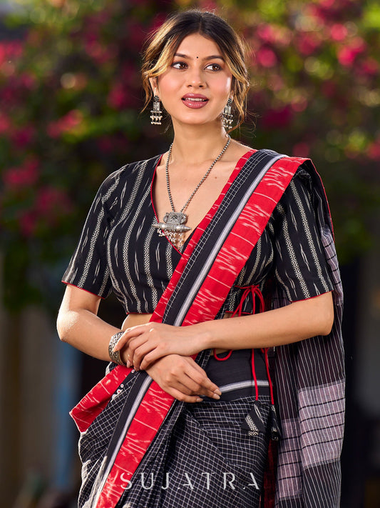 Artisanal Black Ikat Cotton Overlap Blouse with Side Tie-Up Detail