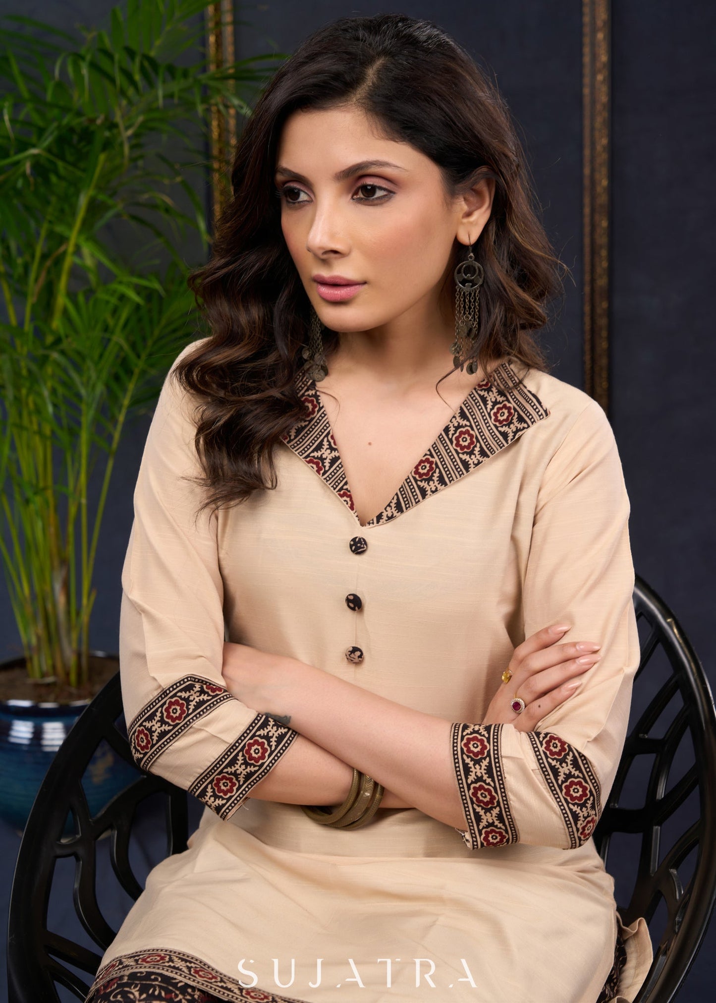 Elegant Beige Cotton Silk Ajrakh Combination Tunic - Pant Optional