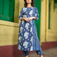 Contemporary Indigo Kurta Featuring Floral & Stripe Panels, Maroon Highlights and Asymmetric Gathered Yoke