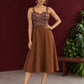 Rust Brown Cotton One Piece Dress with Maroon Floral Print Bodice & Button Front Detail