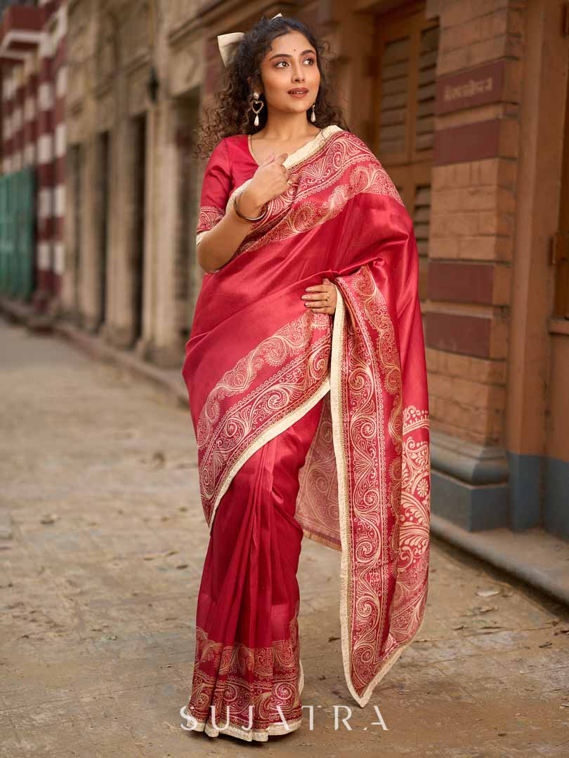 Blush Pink Art Silk Saree with Heritage Floral Print