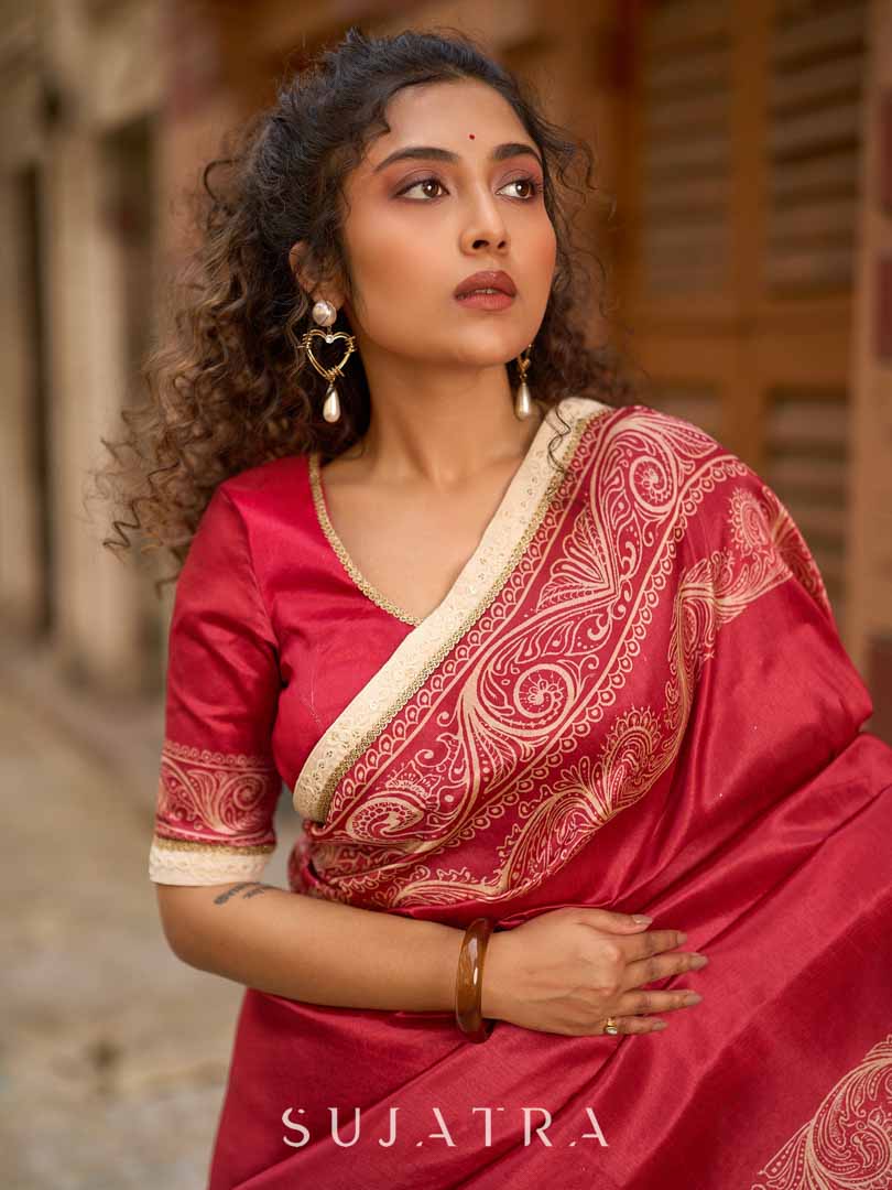 Blush Pink Art Silk Saree with Heritage Floral Print