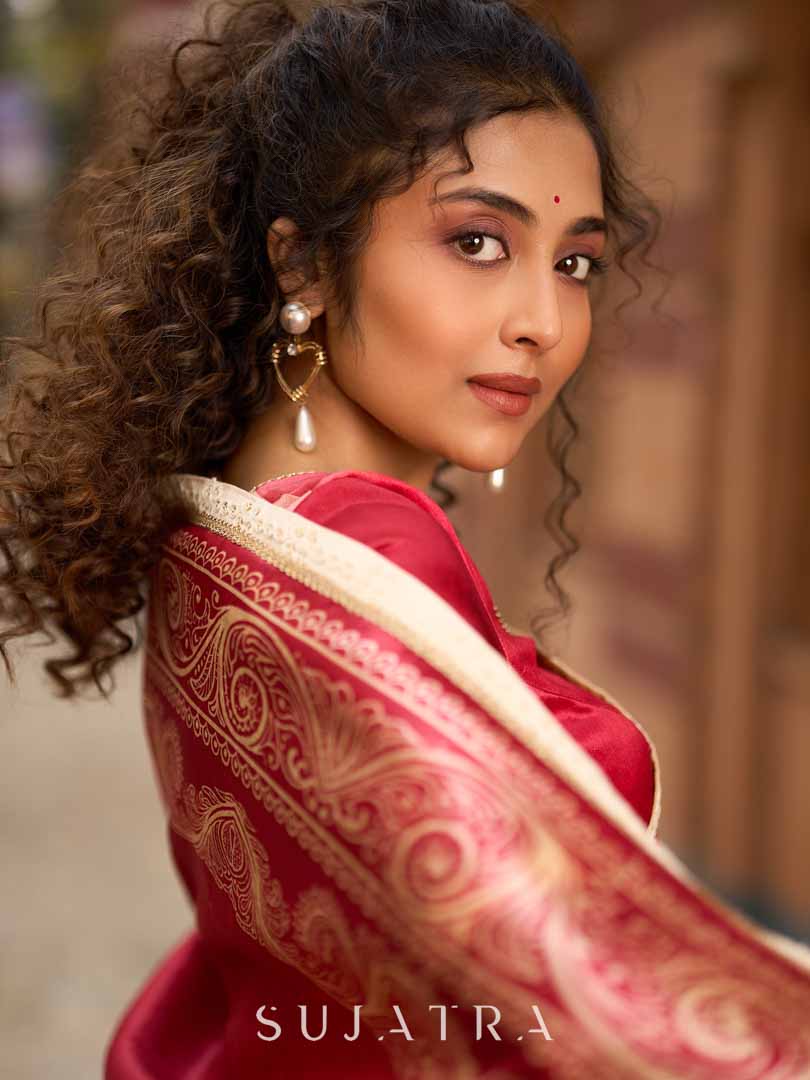 Blush Pink Art Silk Saree with Heritage Floral Print