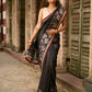 Black Artisan Art Silk Saree with Traditional Madhubani Print & Contrast Ajrakh Border