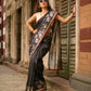 Black Artisan Art Silk Saree with Traditional Madhubani Print & Contrast Ajrakh Border