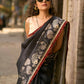 Black Artisan Art Silk Saree with Traditional Madhubani Print & Contrast Ajrakh Border