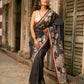 Black Artisan Art Silk Saree with Traditional Madhubani Print & Contrast Ajrakh Border