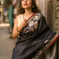 Black Artisan Art Silk Saree with Traditional Madhubani Print & Contrast Ajrakh Border