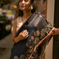 Black Artisan Art Silk Saree with Traditional Madhubani Print & Contrast Ajrakh Border