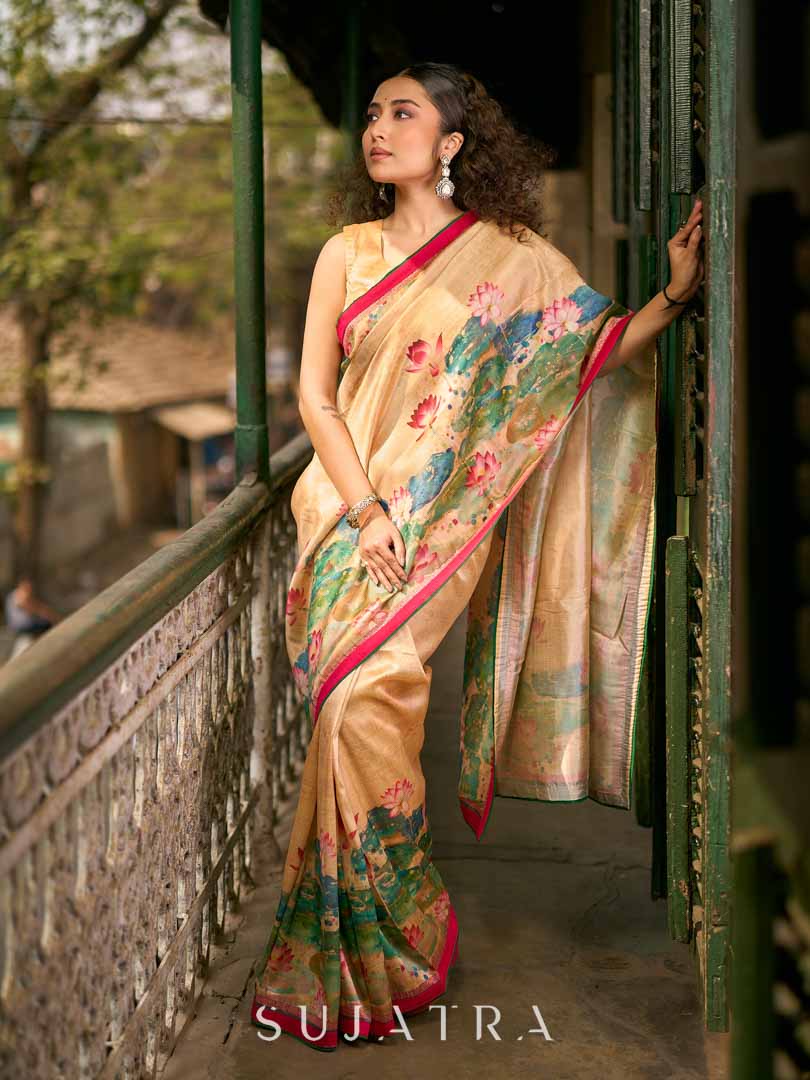 Art Silk Lotus Printed Saree in Beige with Statement Pallu