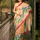 Art Silk Lotus Printed Saree in Beige with Statement Pallu