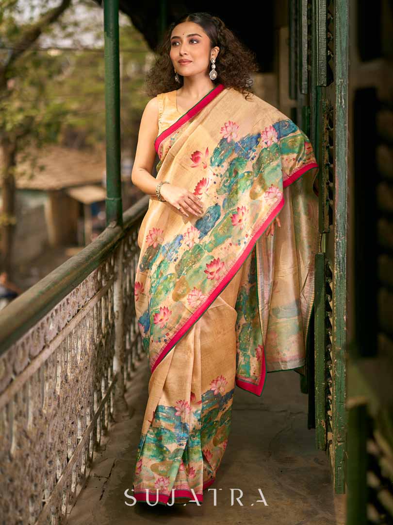 Art Silk Lotus Printed Saree in Beige with Statement Pallu