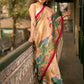 Art Silk Lotus Printed Saree in Beige with Statement Pallu