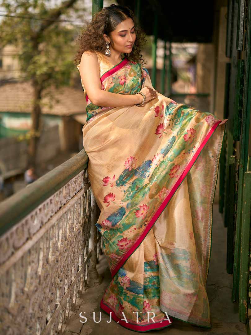Art Silk Lotus Printed Saree in Beige with Statement Pallu