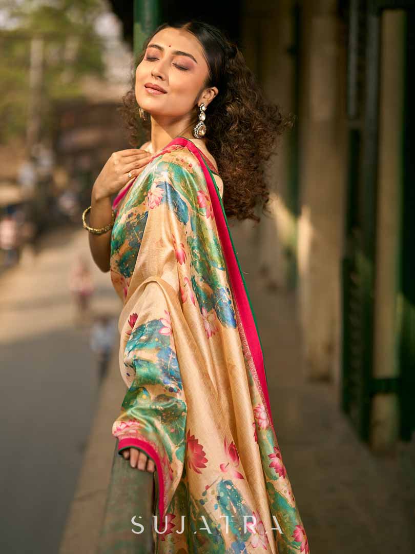 Art Silk Lotus Printed Saree in Beige with Statement Pallu