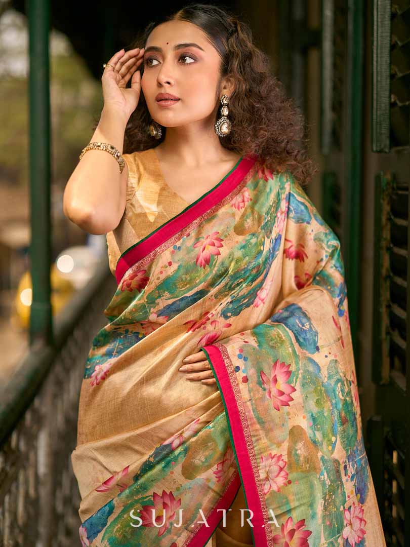Art Silk Lotus Printed Saree in Beige with Statement Pallu