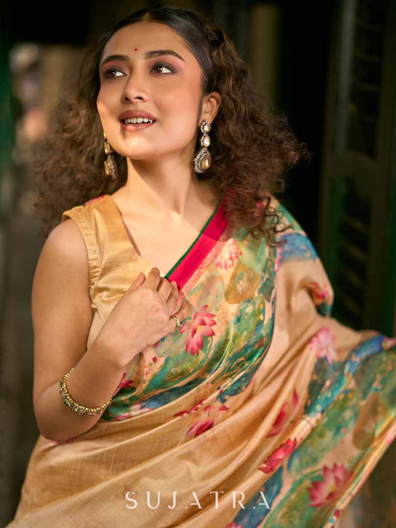 Art Silk Lotus Printed Saree in Beige with Statement Pallu