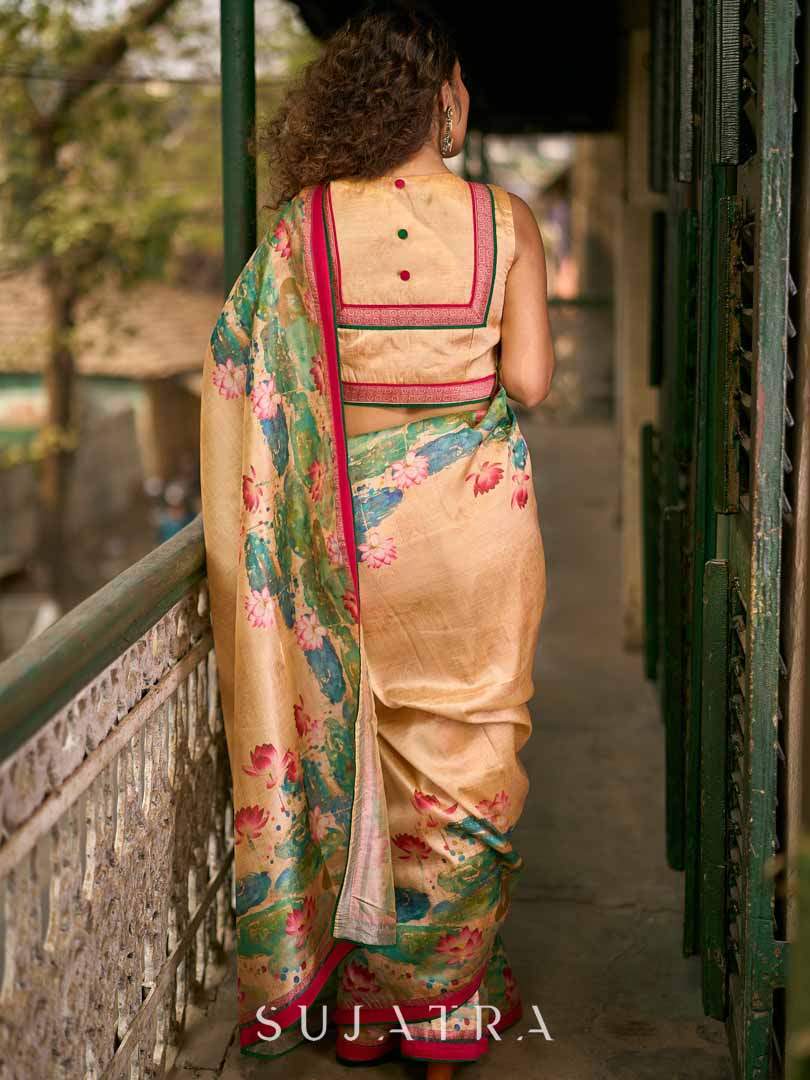 Art Silk Lotus Printed Saree in Beige with Statement Pallu