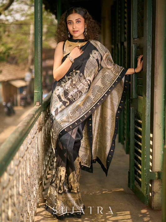 Traditional Black Art Silk Kalamkari Printed Saree with Detailed Pallu