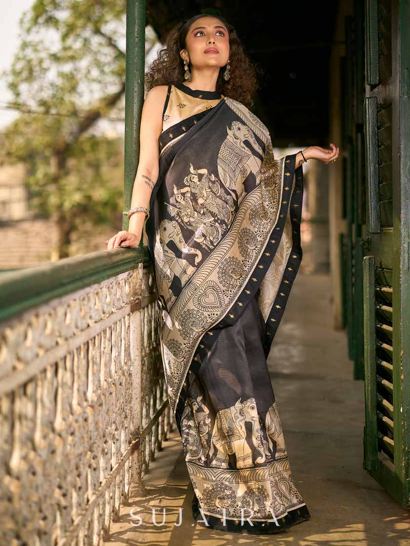 Traditional Black Art Silk Kalamkari Printed Saree with Detailed Pallu