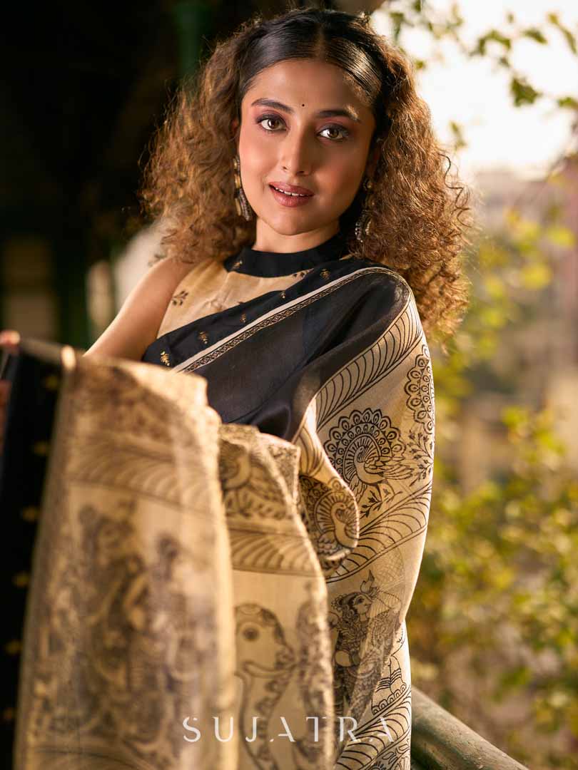 Traditional Black Art Silk Kalamkari Printed Saree with Detailed Pallu