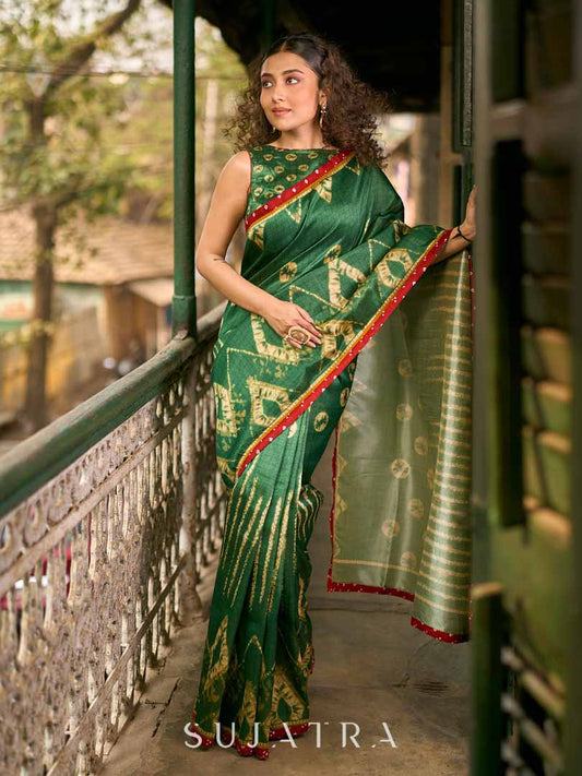 Bottle Green Shibori Art Silk Saree with Contrasting Red Bandhani Border