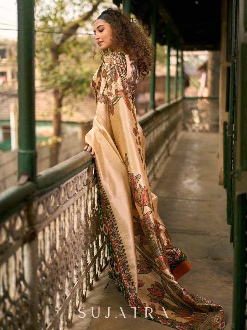 Golden Beige Art Silk Saree with Madhubani Inspired Border & Pallu
