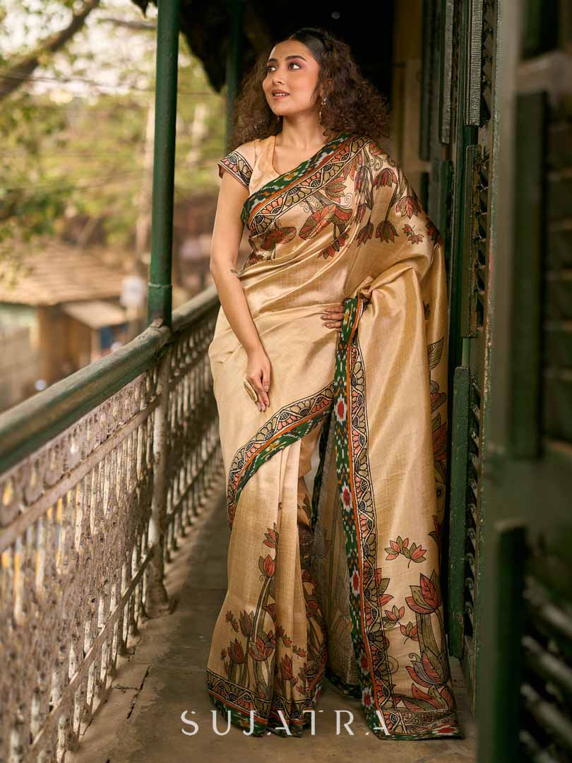 Golden Beige Art Silk Saree with Madhubani Inspired Border & Pallu