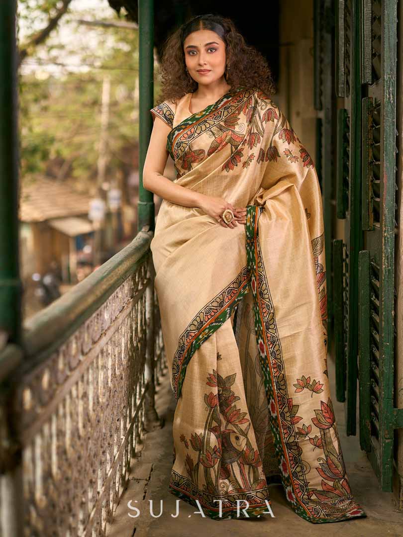 Golden Beige Art Silk Saree with Madhubani Inspired Border & Pallu