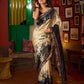 Beige & Black Art Silk Saree with Modern Floral Print & Contrasting Border