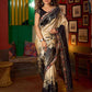 Beige & Black Art Silk Saree with Modern Floral Print & Contrasting Border